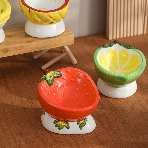 Lemon Shape 6 Inch Cat Raised Bowls, Pet Tilted Elevated Ceramic Dog Food & Water Dish for Puppy, Anti Vomiting & Lead-Free...