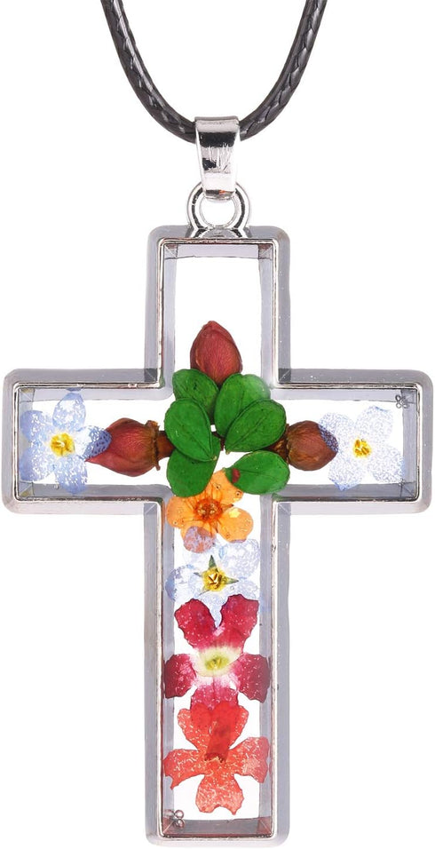 Multi-Colored Pressed Flower Cross Pendant Necklace with 19" Chain, 2 Styles...
