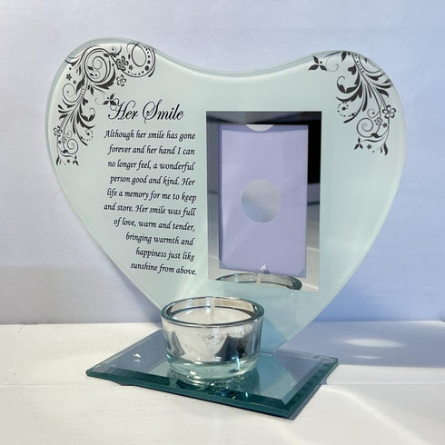 Her Smile - Inspirational Poem, Candle and Photo Holder Glass Memorial Plaque...