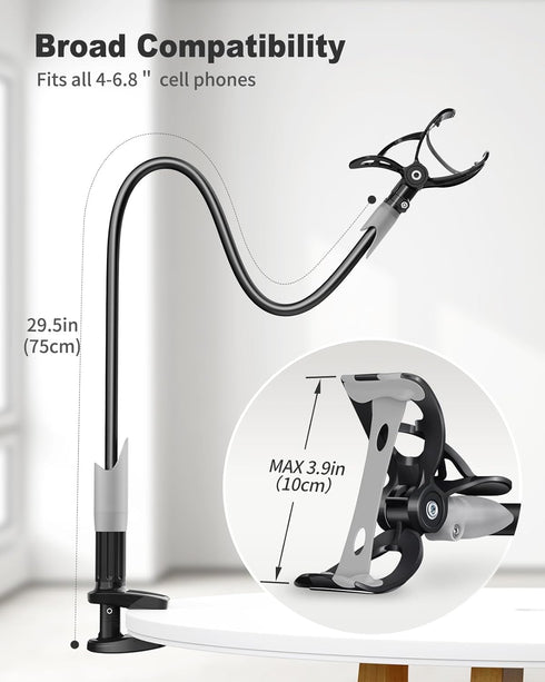 SAIJI Gooseneck Bed Phone Holder, Flexible Long Arm Phone Mount for Desk, Clip Bracket Clamp Stand for 4.0-6.5'' Mobile Cell Phone Stand Document ...