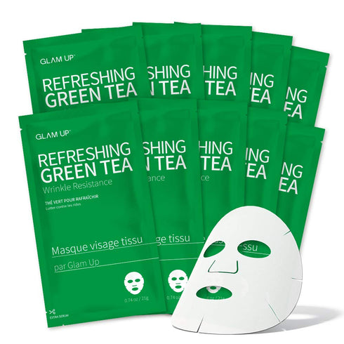 GLAM UP Sheet mask Refreshing Green Tea (10 sheets) - Revitalize Dull Skin. Dark Circle Fighter Nature made Freshly packed Daily Skin Therapy Orig...