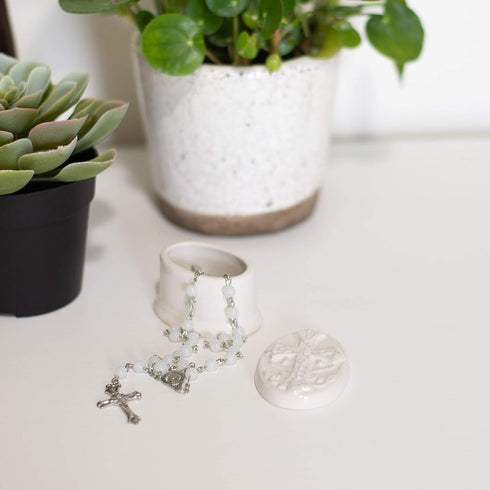 DEMDACO Rosary Classic White 3 x 2 Glossy Porcelain Decorative Trinket Box Set...