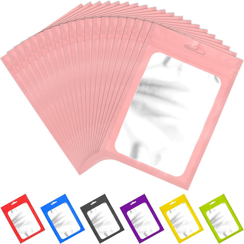 100 Pcs Resealable Mylar Bags with Clear Window Packaging Bags Foil Pouch Zipper Bag for Food Self Sealing Storage Supplies (Pink, 4.72x7.1 inches...