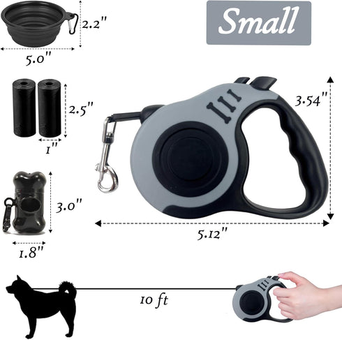 Retractable Dog Leash, 10 FT Dog Leash for Small Medium Dogs up to 22lbs, Pet Tape with Anti Slip Handle and Lock Nylon, 1 Silicone Dog Bowl, 1 Di...