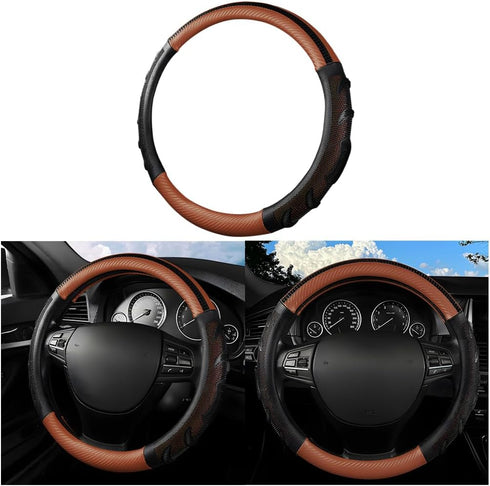 Car Steering Wheel Cover, Carbon Fiber Leather Vehicle Steering Wheel Protector, Sport Style and Anti-Slip Auto Interior Accessories, 15 Inch Univ...
