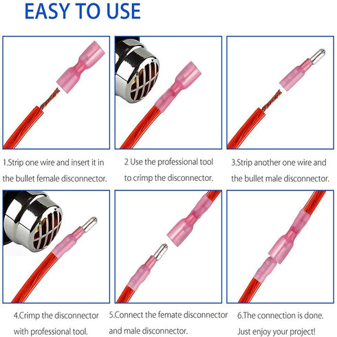 100PCS Heat Shrink Bullet Connectors, Heat Shrink Female & Male Connectors Bullet Terminals, Insulated Waterproof Marine Crimp Automotive Connecto...