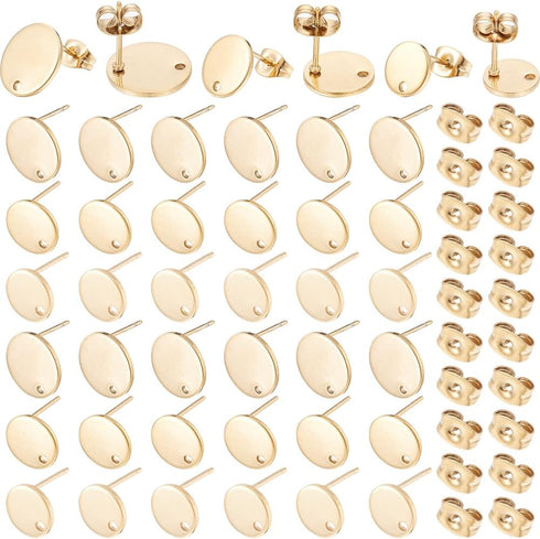 1 Box 36Pcs 3 Size Round Earring Posts Stainless Steel Stud Earring Findings with Loop Gold Hypoallergenic Blank with Butterfly Ear Back Flat Pad ...