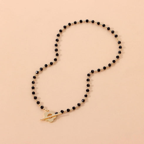 Dainty Flower Toggle Clasp Choker Necklace Black Crystal Beads Plum Blossom Shape OT Clasp Necklace Boho Irregular Stone Clavicle Chains Minimalis...