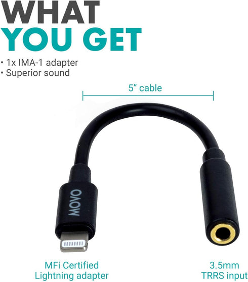 Movo IMA-1 Female 3.5mm TRRS Microphone Adapter Cable to Lightning Connector Dongle Compatible with Apple iPhone, iPad Smartphones and Tablets - O...