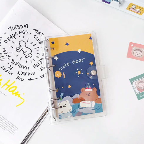 2 Pcs A6 Binder Notebook,Cartoon Bear 6 Ring Loose Leaf Small Diary Journal Planning Notepad Pocket Notebook with Transparent PVC Cover Gift for K...