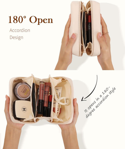 Pocmimut Makeup Bag,PU Leather Travel Makeup Bag,Open Flat Makeup Pouch for Women Purse for Travel Accessories(Begie)...