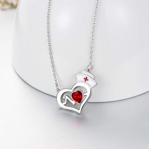 AOBOCO Nurse Necklace Sterling Silver Nurse Hat Charm with EKG Heartbeat Heart Necklace Jewelry Gifts for Doctor Medical Student, Crystal from Aus...