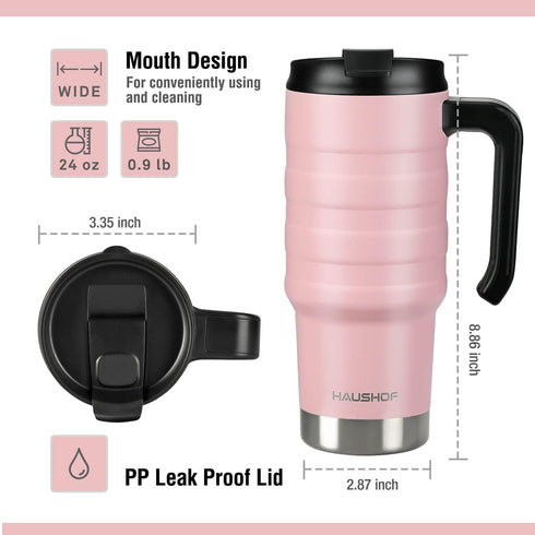 HAUSHOF 24 oz Travel Mug, Stainless Double Wall Vacuum Insulated Tumbler with Handle & Spill Proof Twist On Flip Lid and Wide Mouth, BPA Free (Pin...