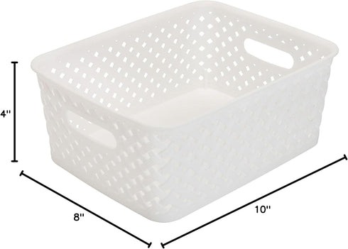 Simplify Small Resin Wicker Tote | Storage Bin | Plastic Organizer | Carrying Handles | Bathroom | Pantry | Accessories | Cleaning Products | Whit...