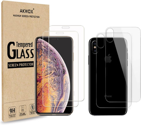 AKWOX (4-Pack) Compatible with iPhone Xs Max Screen Protector with Back Covers, 9H Tempered Glass Front Screen Protector and Back Screen Protector...