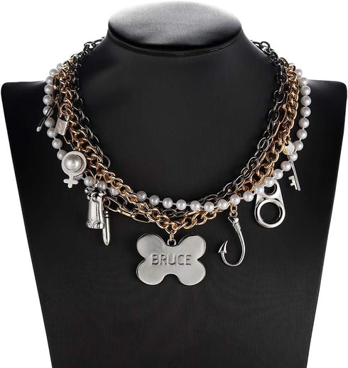 Cosplay Costume Accessories Gold Layered Chain Choker Multi Charm Pendant Pearl Chain Bruce Necklace for Women...