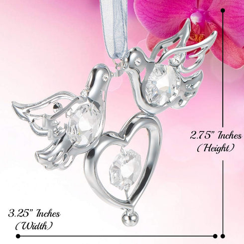 Matashi Chrome Plated Crystal Studded Silver Love Doves Birds Hanging Ornament with Heart, Romantic Gift, Love Symbol for Christmas, Anniversary, ...