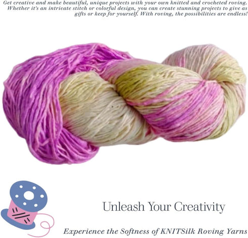 Silk Roving Worsted Weight Yarn - 100% Recycled & Hand-Dyed Mulberry Silk - Luxurious and Versatile for Knitting, Felting, and Crafting.(100 gm-22...
