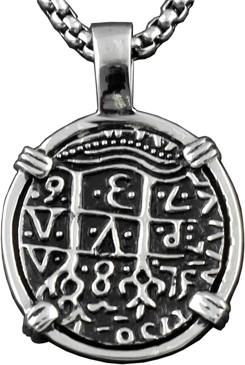 Piece of Eight Coin Pendant Necklace Pirate Spanish Jewelry + 316L Stainless Steel Chain...