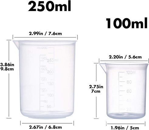 Plastic Beaker Set, 5 Sizes Low Form Measuring Graduated Griffin Polypropylene Beakers in 500 ml, 250 ml, 100 ml, 50 ml, 25 ml for Laboratory, & S...