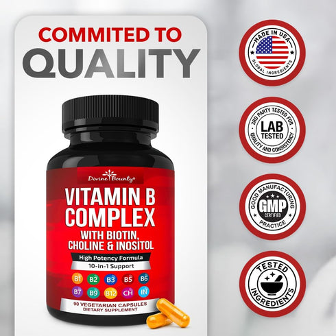 Divine Bounty Super B Complex Vitamins - All B Vitamins Including B12, B1, B2, B3, B5, B6, B7, B9, Folic Acid - Vitamin B Supplement - Support Hea...