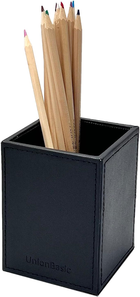 UnionBasic Square Pen Holder, Leather Pencil Cup, Desktop Caddy Stationery Organizer, Black...