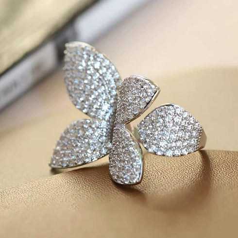 Rhinestone Butterfly Wrap Ring Open Statement Rings Sparkling Crystal Cubic Zirconia Leaf Engagement Promise Wedding Ring Expandable Finger Band D...