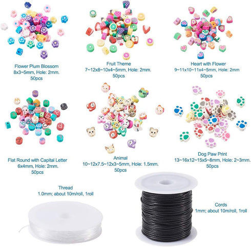 Pandahall 300pcs Fruit Animal Flower Theme Handmade Polymer Clay Beads Set with Bracelet Making Cords & Elastic Beading Wire for Jewelry Necklace ...