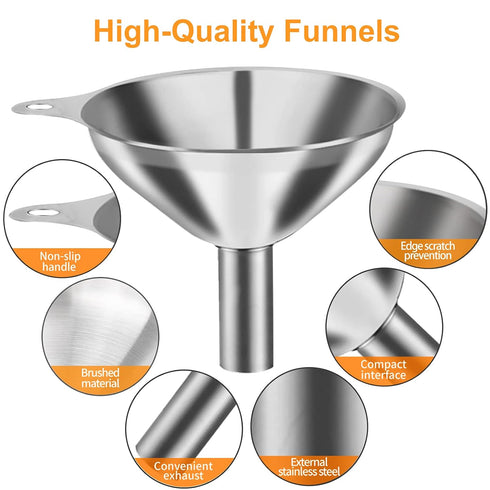 Metal Stainless Steel Funnel, Large Medium Small Funnel Set of 3, Food Grade Mini Funnels for Kitchen Use Filling Bottles Flask Cooking, 2 Brushes...