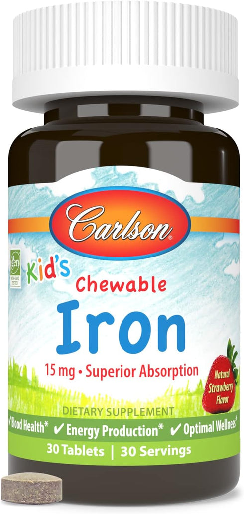 Carlson - Kid's Chewable Iron, 15 mg, Superior Absorption, Blood Health, Energy Production & Optimal Wellness, Natural Strawberry Flavor, 30 Table...
