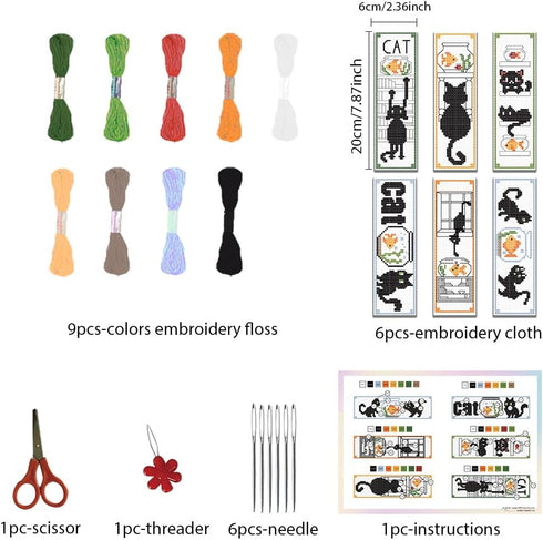 FREEBLOSS 6 Set Bookmark Cross Stitch Kits Cartoon Cat&Fish Jar&Windowsill Bookmark Cross Stitch Kit with Instructions Embroidery Bookmark Kit for...