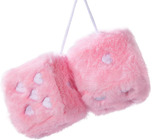 Heart Embroidered Baby Pink Fuzzy Plush Dice - 3-Inch Decorative Car Mirror Hanging Ornaments, Soft Foam, Easy Install, Great Gift Idea (Baby Pink...