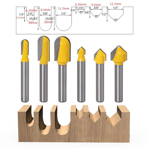 6PCS 1/4 Shank Carbide Rounf Nose Bit 90 Degree V-Groove Bit Suit 3D CNC Signmaking Lettering Engraving Router planing Head Wood Cutter Woodworkin...