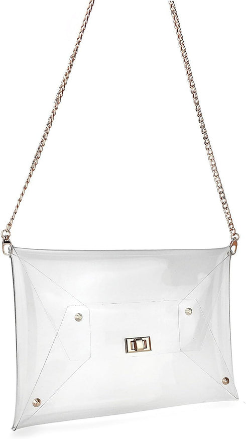 HOXIS Large Size PVC Clear Envelope Clutch Gold Chain Crossbody Bag Women's Purse...