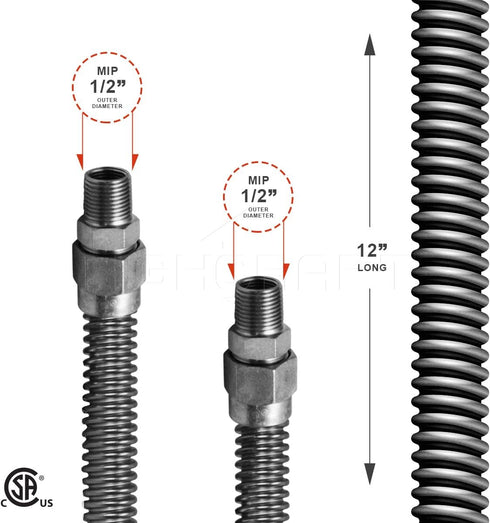 GUHD-TT14-12B Gas Line Hose 3/8'' O.D. x 12'' Length with 1/2 in. MIP Fitting, Uncoated Stainless Steel Flexible Connector, 12 Inch...