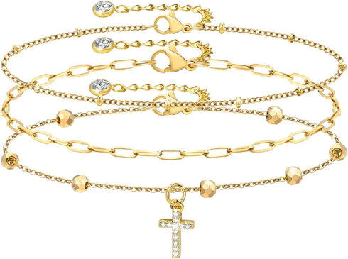TempBeau Gold Ankle Bracelets for Women 3Pcs Set Layered Adjustable Chain Link Anklets for Women Summer Beach Foot Jewely Brithday Gifts fo Women ...