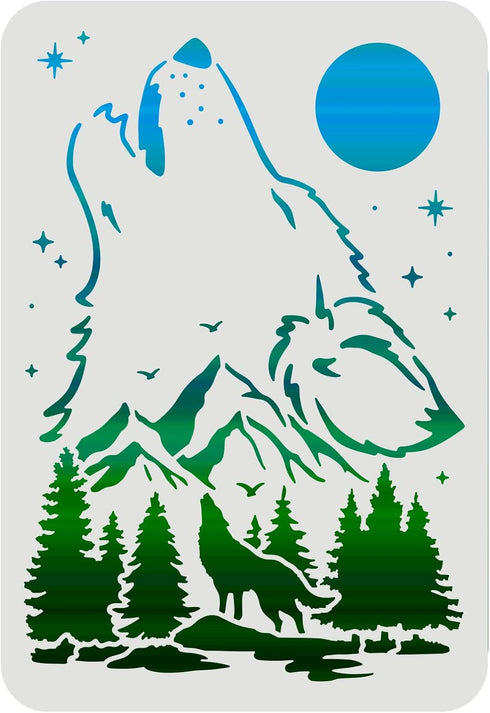 FINGERINSPIRE Wolf Stencils Decoration Template 11.7x8.3inch Plastic Forest Mountain Moon Drawing Painting Stencils A4 Reusable Stencils for Creat...