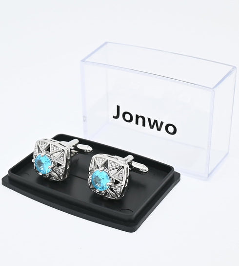 Faceted Light Blue Crystal Cufflinks for Men In Gift Case Classic Square Shape Gemstone Men's Cufflinks Jewelry Set for Wedding Anniversary Busine...