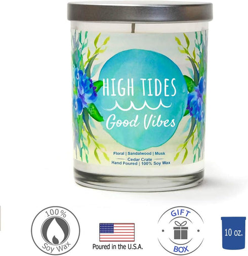 High Tides, Good Vibes | Floral, Sandalwood, Musk Scented Soy Candles | Teal 10 oz Jar Candles | Made in USA | Decorative Aromatherapy | Beach Gif...