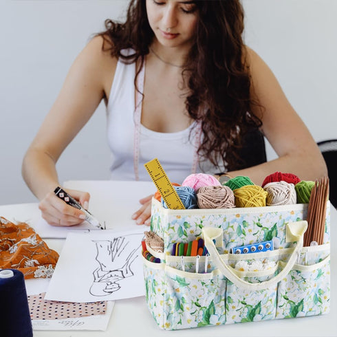 Craft Organizer Tote Bag Art Storage Caddy with Multiple Pockets Storage Containers for Art,Craft,and Office Supplies Storage Jasmine Flower...