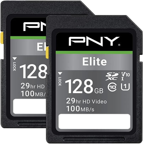 PNY 128GB Elite Class 10 U1 V10 SDXC Flash Memory Card 2-Pack - 100MB/s Read, Class 10, U1, V10, Full HD, UHS-I, Full Size SD...