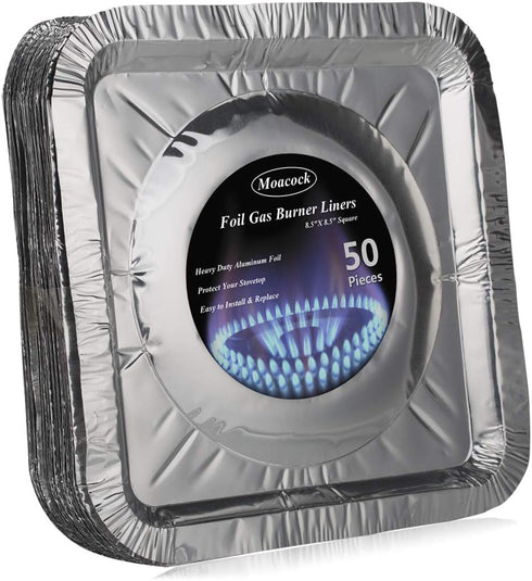 MOACOCK 50 Pack Aluminum Foil Square Stove Burner Covers Disposable Heavy Thick Quality Bib Liners Drip Pans Gas Range Top Protectors 8.5”