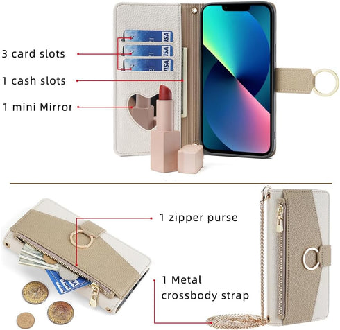 Asuwish Phone Case for iPhone 13 6.1 inch Wallet Cover with Screen Protector and Mirror Flip Cover Ring Card Holder Crossbody Strap Stand Cell iPh...