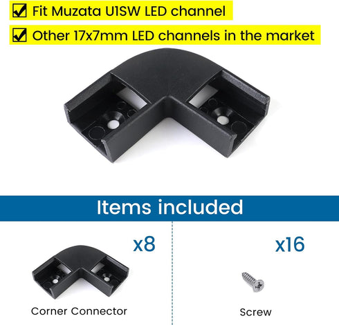 Muzata 8PACK Black LED Channel Corner Connector Kit L-Shape for U1SW U Shape Black LED Channels System, 90 Degree Adaptor, LC08...