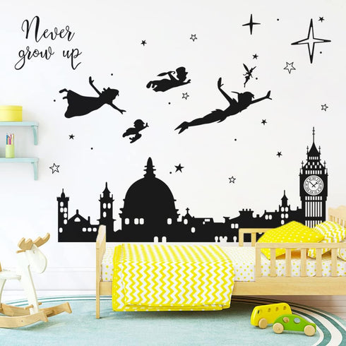 Runtoo Never Grow Up Nursery Wall Decals Quotes Big Ben Cityscape Wall Stickers for Kids Room Baby Bedroom Wall Decor...
