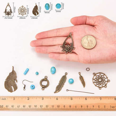 SUNNYCLUE 1 Box DIY 8 Pairs Bohemian Feather Dream Catcher Earring Making Kit Antique Bronze Feather Charm Connector, Turquoise Gemstone Beads, Ea...