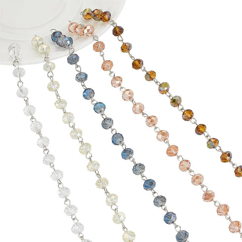 PH PandaHall 5 Strands 3.3 Feet Electroplate Glass Beads Faceted Crystal Glass Beads Chain with Platinum Eye Pin for Necklaces Bracelets Jewelry M...