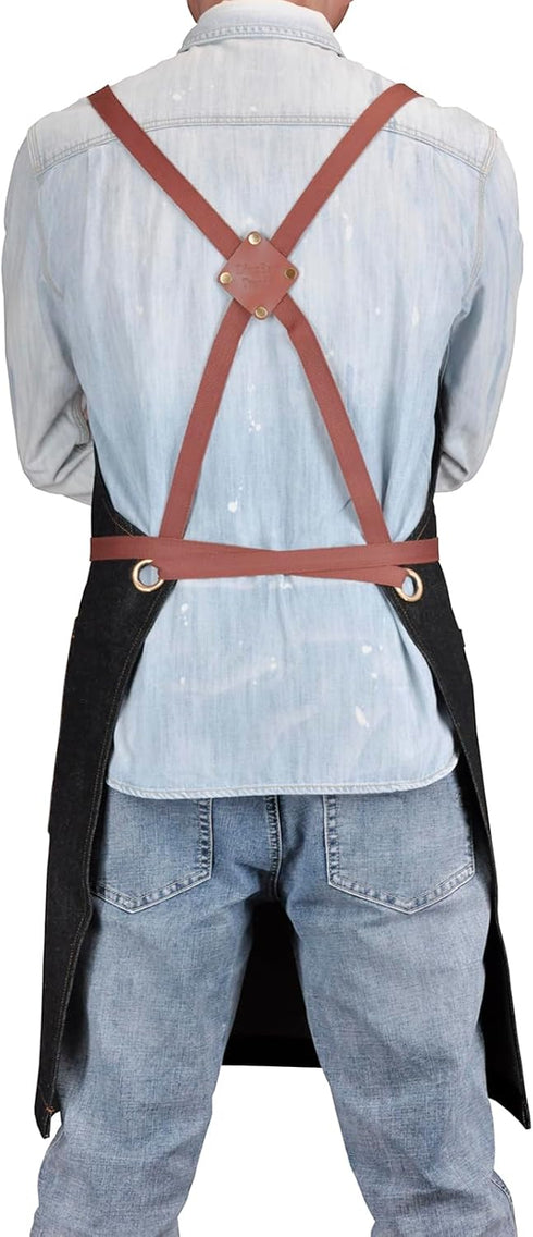 Professional Black Denim Apron with Pockets for Cooking Chef Kitchen Grill BBQ Hairstylist Painting, Mens Womens Apron with Leather Cross Back Str...