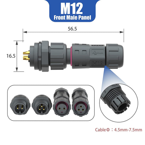 AOHUA M12 Waterproof Connector IP68 Outdoor Electrical Plug Wire to Panel, Front Male Panel Mount for 2 Or 3-pin Cables Ø 4.5-7.5mm UL Certificati...