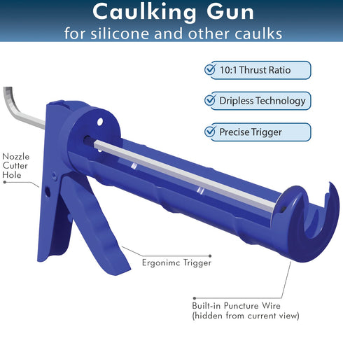 Clear Silicone Sealant + Caulk Gun + Caulking Tool Kit - All-Purpose 100% Silicone Caulk (10 oz Tube), with Dripless Gun, 3-in-1 Scraper/Smoothing...